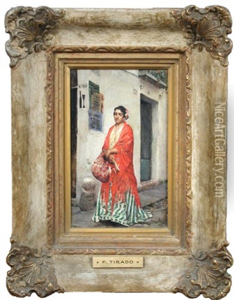 A Spanish Lady In A Red Embroidered Shawl Oil Painting - Fernando Tirado