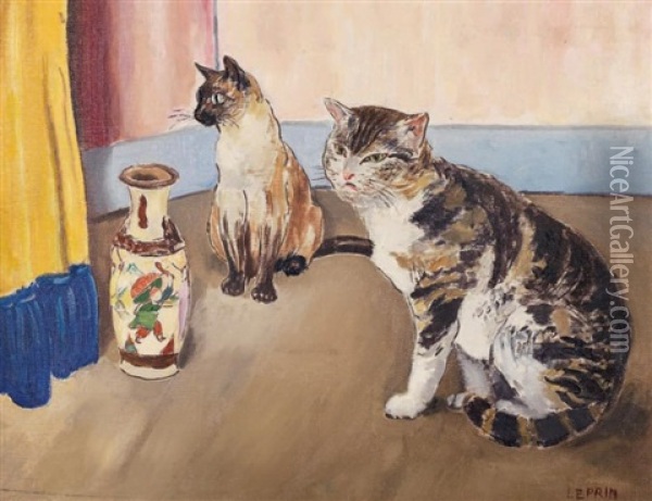 Les Chats Au Vase Chinois Oil Painting - Marcel Francois Leprin