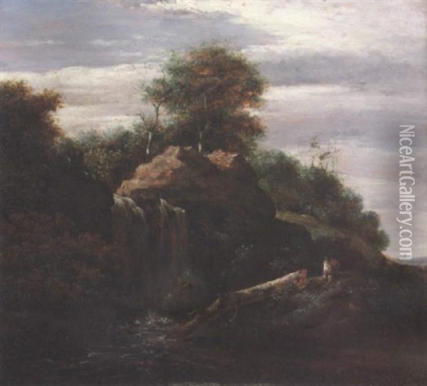 Wooded Landscape On A Rocky Hill With A Waterfall Oil Painting - Jacob Van Ruisdael