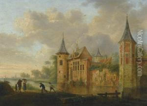 A River Landscape With A Castle And Peasants Fishing In The Foreground Oil Painting - Johannes Huibert Prins
