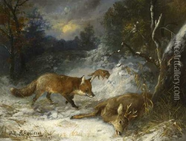 Fuchse Bei Einem Erlegten Rehbock Im Winterwald Oil Painting - Julius Scheuerer