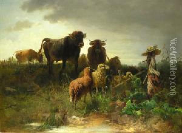 Schafe Und Kuhe Vor Einer Vogelscheuche Oil Painting - Friedrich Otto Gebler