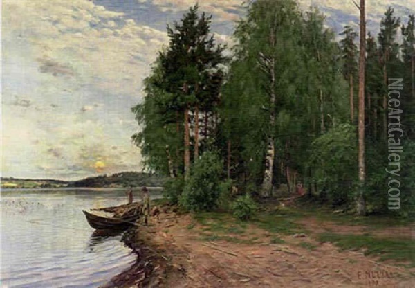 Fiske I Skymningen Oil Painting - Elias Muukka