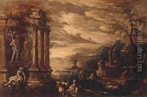 Figures by a classical ruin with the coast beyond Oil Painting - North-Italian School