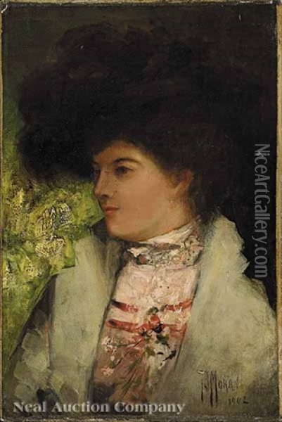 Portrait Of A Lady In A Black Feathered Hat Oil Painting - Thomas Moran