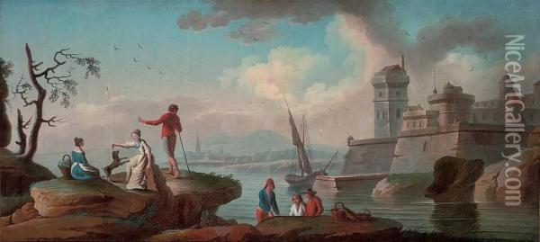 An Italianate River Landscape With Fishermen And Figures In The Foreground Oil Painting - Claude-joseph Vernet