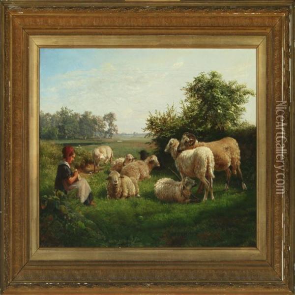 Young Girl Guarding Sheep Oil Painting - Wilhelm Zillen
