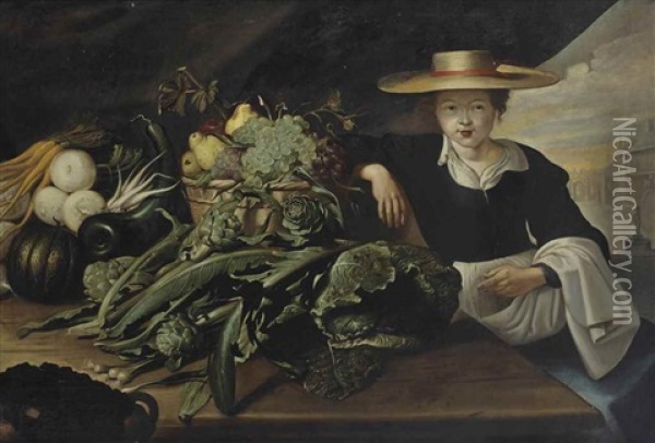 A Vegetable Seller With Cabbages, Artichokes, Turnip Cabbage, Carrots, And Other Vegetables Together With A Wicker Basket Of Fruits On A Wooden Table, A View Of A Town Square Beyond Oil Painting - Frans Snijders