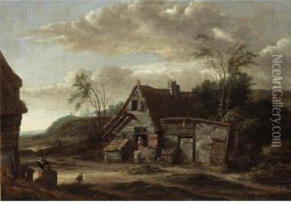 A Dune Landscape With A Farm With A Woman And A Child At A Door Oil Painting - Salomon Rombouts