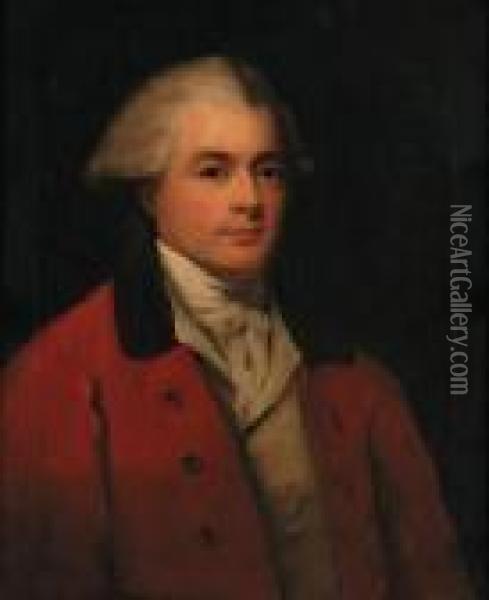 Portrait Of A Gentleman, 
Half-length, Traditionally Identified Asrobert Henley, Earl Of 
Northington, In A Red Coat And A Whitestock Oil Painting - George Romney