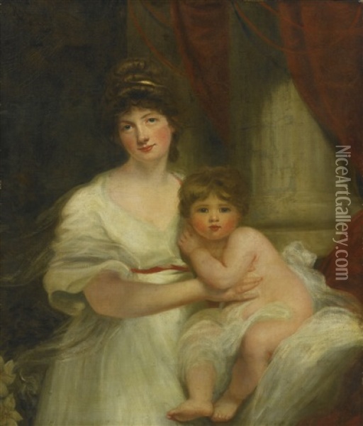 Portrait Of The Countess Of Oxford And Her Daughter, Lady Jane Elizabeth Harley Oil Painting - Sir John Hoppner