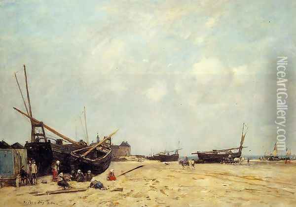 Fishing Boats Aground and at Sea Oil Painting - Eugene Boudin