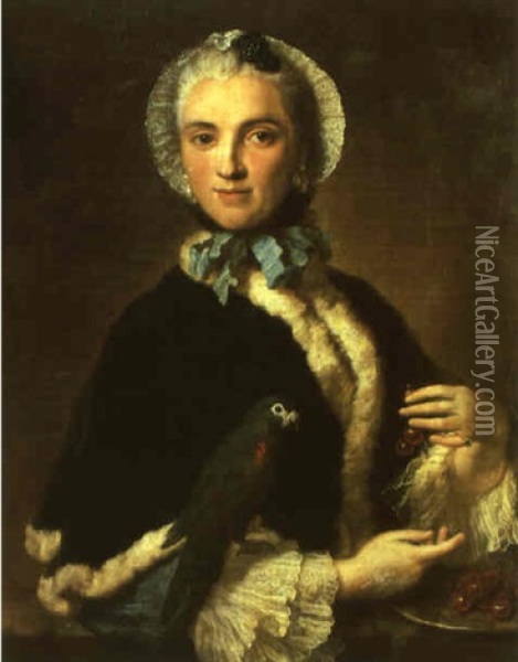 Portrait Of A Lady Holding A Parrot And Cherries Oil Painting - Martin van Meytens the Younger