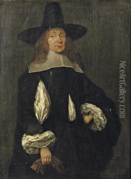 Portrait Of A Gentleman In A Black Costume And Hat, Holding Gloves Oil Painting - Gerard ter Borch the Elder