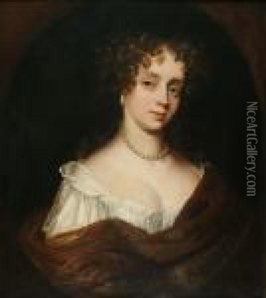 Portrait, Bust Length, Of A Lady Wearing A Pearl Necklace And Earrings Oil Painting - Sir Peter Lely