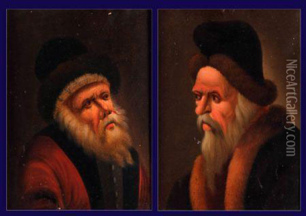 Portraits Of Bearded Gents In National Costume Oil Painting - Johann Georg Dietrich
