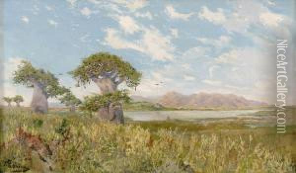 Afrikanische Seenlandschaft Mit Blick Auf Eine Bergkette. Oil Painting - Heinrich Carl F. Von Pechmann