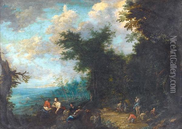 Travellers In An Extensive Wooded River Landscape Oil Painting - Johannes Jacob Hartmann