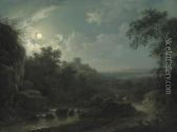 A Moonlit River Landscape With Cattle On A Track Oil Painting - Abraham Pether