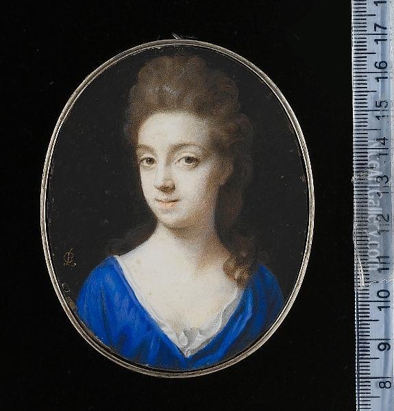 Carey (nee Fraser), Countess Of Peterborough, Wearing Blue Dress And White Underslip, Her Hair Falling Over Her Shoulders Oil Painting - Peter Cross