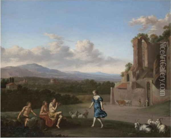 A Pastoral Landscape With A 
Shepherd Playing The Flute And A Girl Dancing, With Other Shepherds 
Watching Oil Painting - Daniel Vertangen