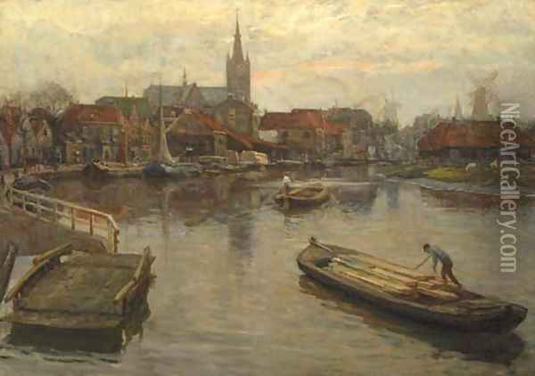 Gezicht op Schiedam a view of the harbour of Schiedam Oil Painting - Johan Coenraad Ulrich Legner