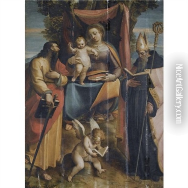 A Sacra Conversazione: The Madonna And Child With Saints Paul And Augustine, A Putto Reading At Their Feet Oil Painting - Luca Cambiaso