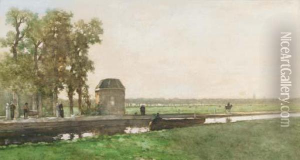 Het Theekoepeltje Van Cromvliet Te Rijswijk: A Pavilion Along A Canal Oil Painting - Jan Hendrik Weissenbruch