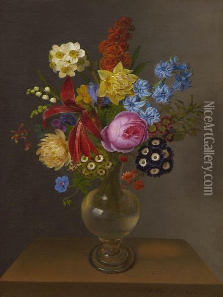 Blumen In Glasvase. Oil Painting - Claudius Ditlev Fritzsch