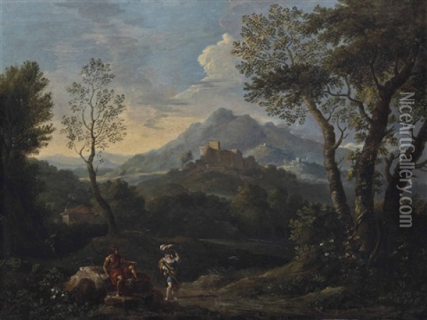 An Extensive Mountainous Landscape With Classical Figures In The Foreground, A Castle On The Hilltop Beyond Oil Painting - Jan Frans van Bloemen