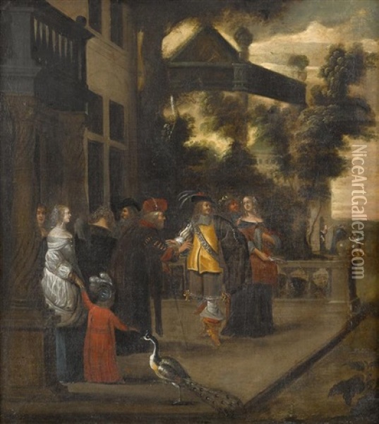 An Elegant Party On The Terrace With A Palace In The Background (pair) Oil Painting - Hieronymous (Den Danser) Janssens