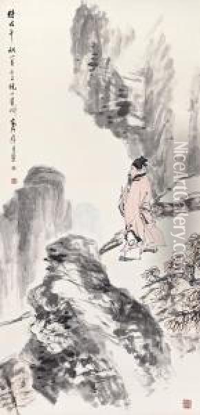 Scholar Strolling On The Mountain Oil Painting - Ni Tian