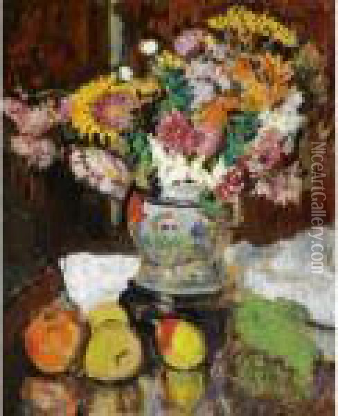 Chrysanthemums In A Chinese Vase Oil Painting - George Leslie Hunter