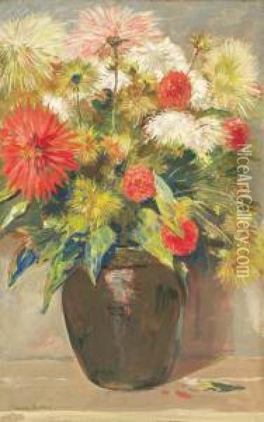 Dahlia's In A Vase Oil Painting - Simon Maris