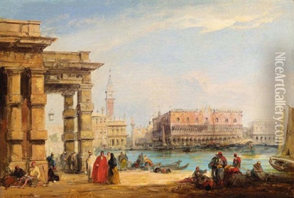 A View Across The Grand Canal From Old Customs House, Venice Oil Painting - Edward Pritchett