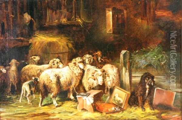 Sheepfold With Artist's Easel And A Painting Oil Painting - Charles Emile Jacque