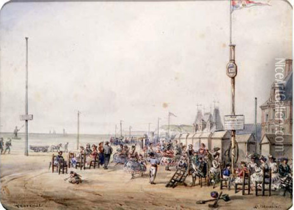 La Plage De Trouville, Circa 1865 Oil Painting - Louis J.B. Moullin