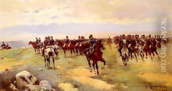 Soldiers On Horseback I Oil Painting - Jose Cusachs y Cusachs
