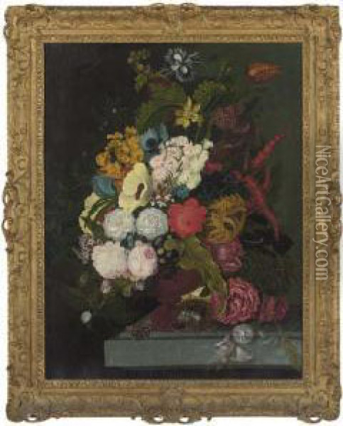 Roses, Poppies, Peonies, Parrot 
Tulips, A Sunflower And Otherflowers In An Urn On A Stone Ledge, With A 
Butterfly And A Nestwith Eggs Oil Painting - Jan Frans Van Dael