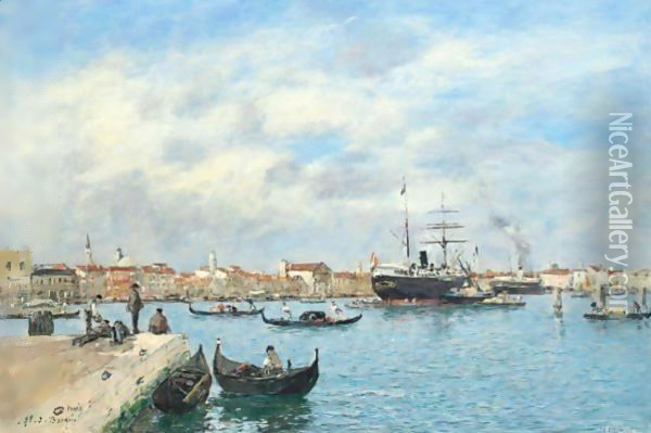 Venise. Le Grand Canal. Vapeur Et Gondoles Oil Painting - Eugene Boudin