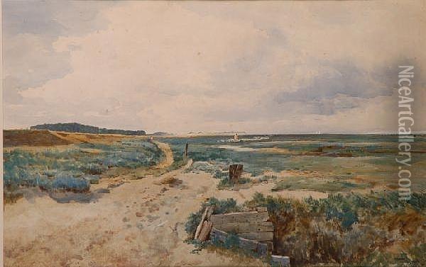 Drover And Sheep In An Extensive Coastal Landscape (possibly Wells-next-the-sea) Oil Painting - Thomas Bush Hardy