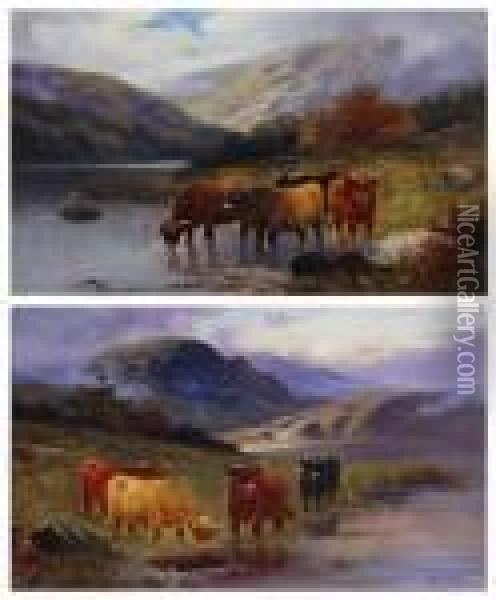 Highland Cattle By A Loch; Cattle By A Loch Atsunrise Oil Painting - William Langley