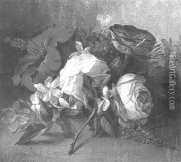 Roses, Lilies And Blossom On A Ledge Oil Painting - Jose Maria Bracho Murillo