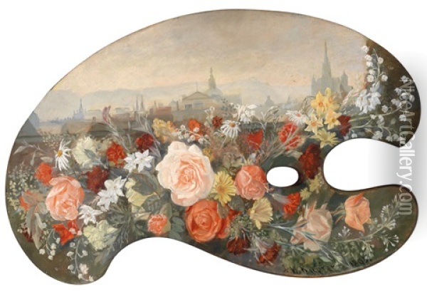 Malerpalette Mit Blumen Vor Der Silhoutte Wiens Oil Painting - Johann Michael Kupfer