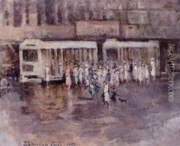 Tram Stop Oil Painting - John Llewellyn Jones