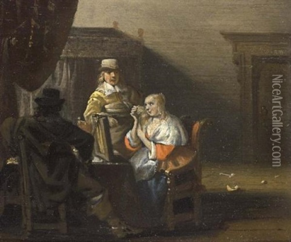 A Brothel Scene With A Lady Seated In Front Of A Mirror Combing Her Hair, And Two Men Around A Table Oil Painting - Anthonie Palamedesz