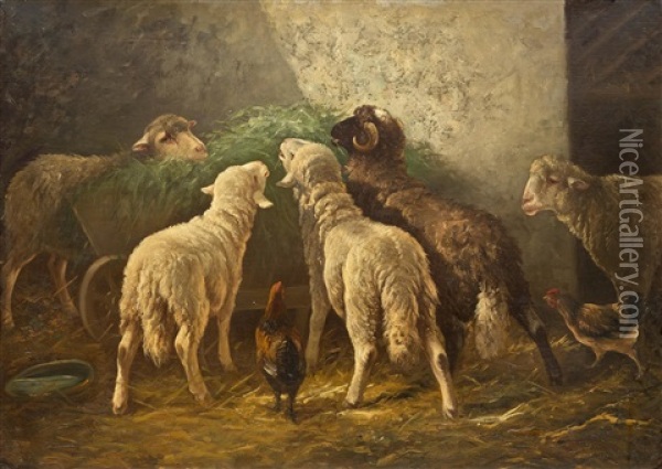 Sheep In A Barn Oil Painting - Heinrich von Zuegel