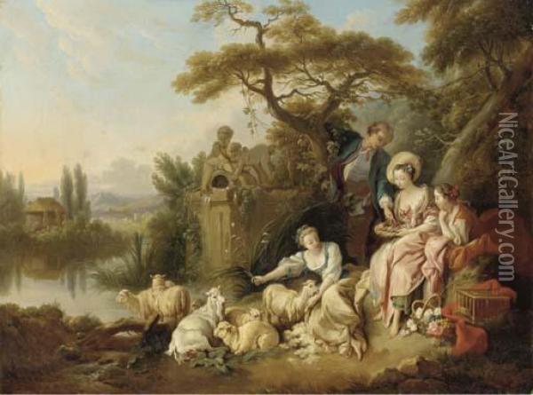 A Pastoral River Landscape With A Shepherd And Shepherdesses Oil Painting - Jean-Baptiste Huet I