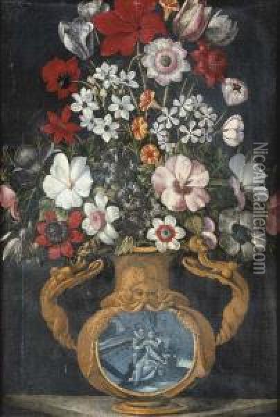 Tulips, Poppies, Narcissi And Other Flowers In A Sculped Vase Oil Painting - Master Of The Grotesque Vases