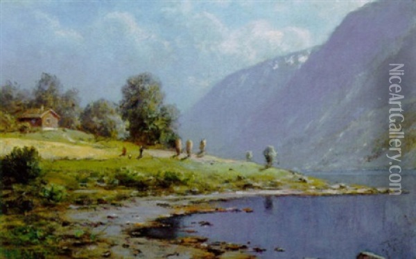 Norsk Fjordparti Med Hytte Ved Vandet Oil Painting - Peder Thurmann
